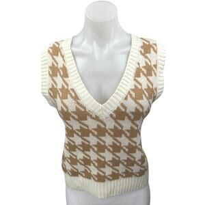 Pink Rose White Brown Sleeveless Knitted Houndstooth Sweater Vest Tank Top Sz L